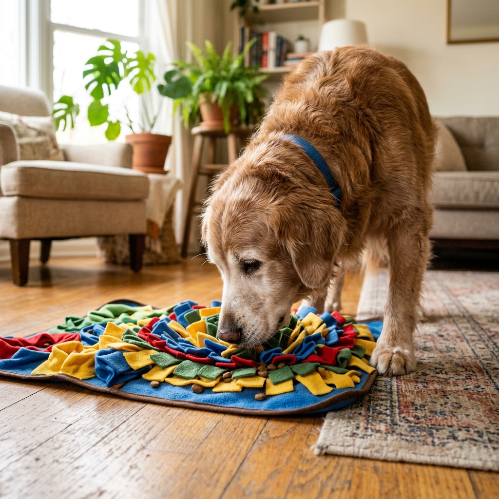 A dog working on an enrichment puzzle toy