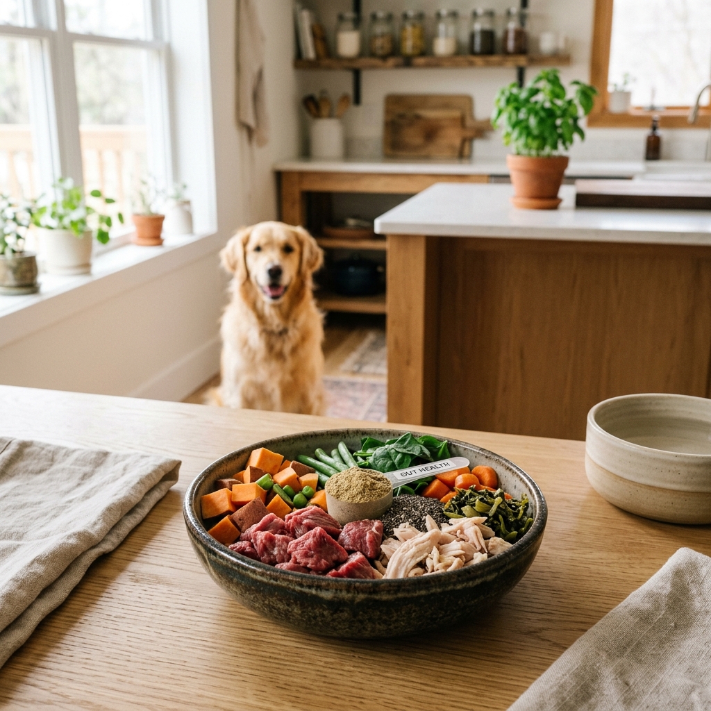 A fresh whole-food dog bowl with a healthy dog waiting