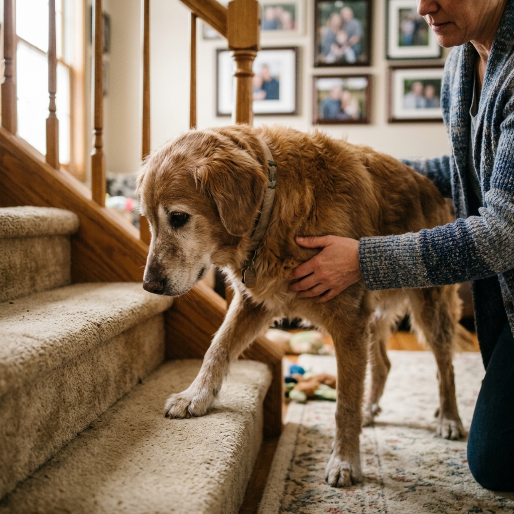 A dog climbing home stairs with gentle support from its owner