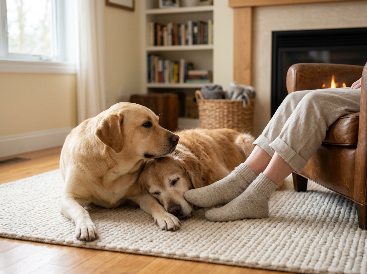 An adult dog and senior dog resting together