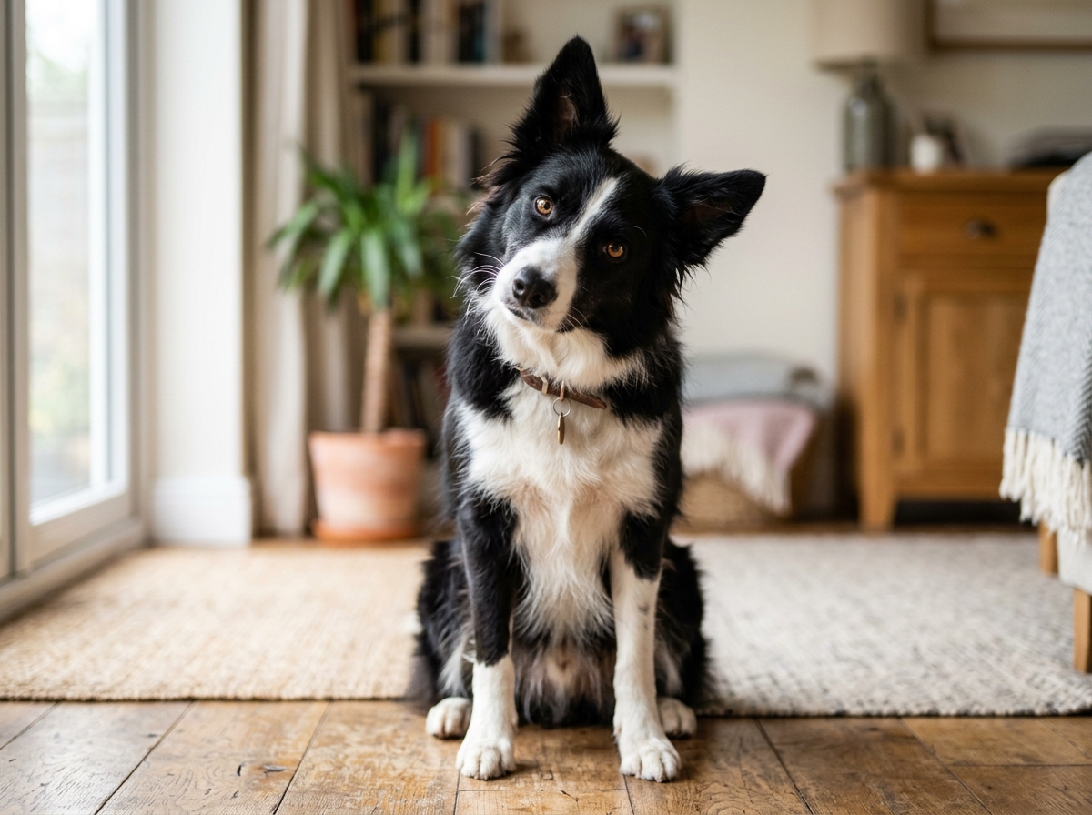 Alert border collie tilting its head